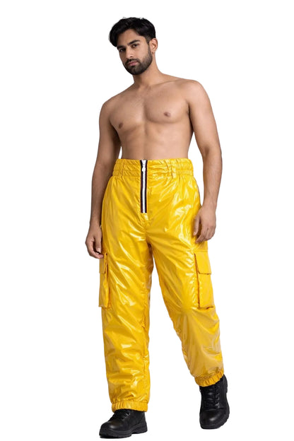 Men’s Bright Yellow Shiny Nylon Cargo Pants High Gloss Streetwear