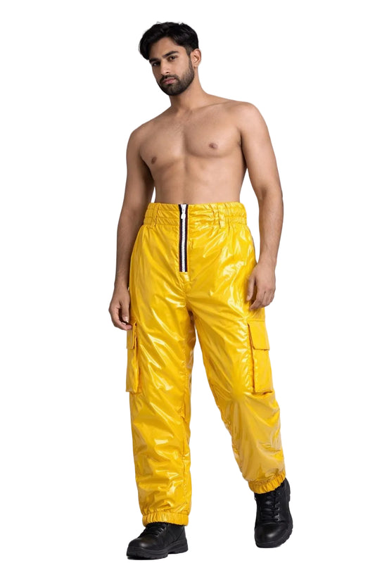 Men’s Bright Yellow Shiny Nylon Cargo Pants High Gloss Streetwear