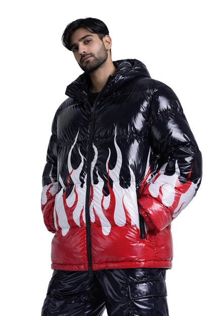 Shiny Puffer Jacket with Flame Design