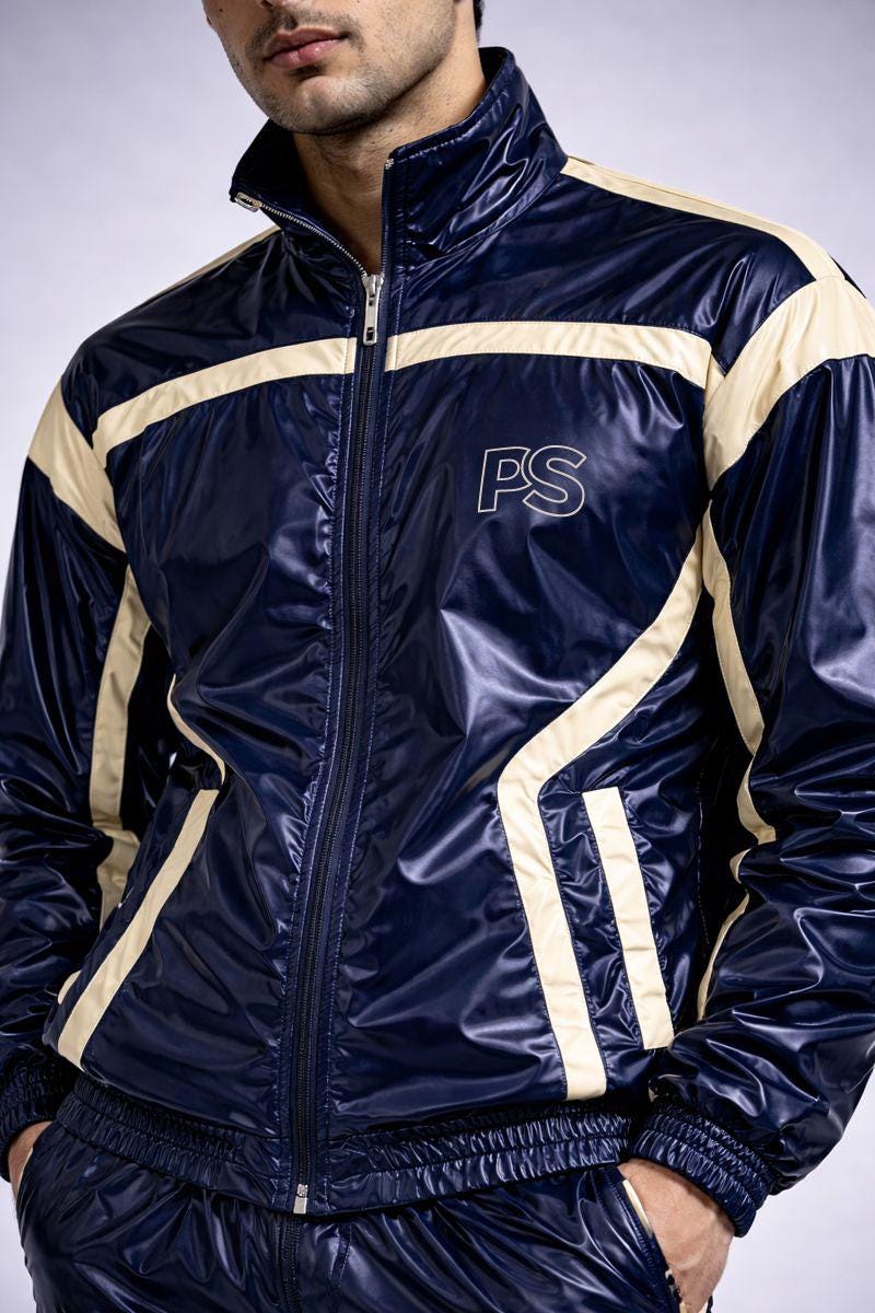 Navy Blue Shiny Nylon Tracksuit with Cream Side Panels