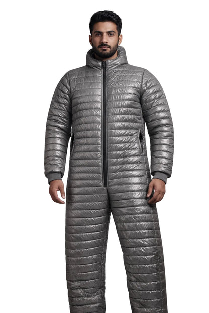 Men’s Gray Shiny Nylon Puffer Snowsuit