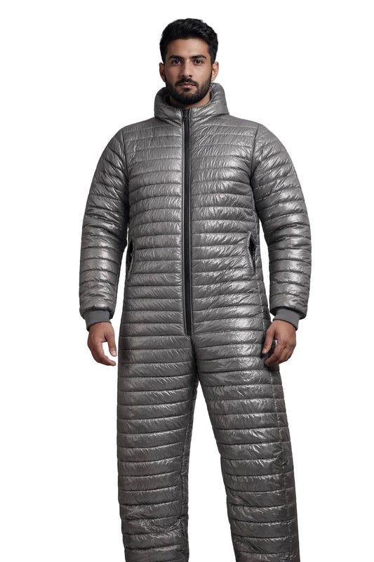 Men’s Gray Shiny Nylon Puffer Snowsuit