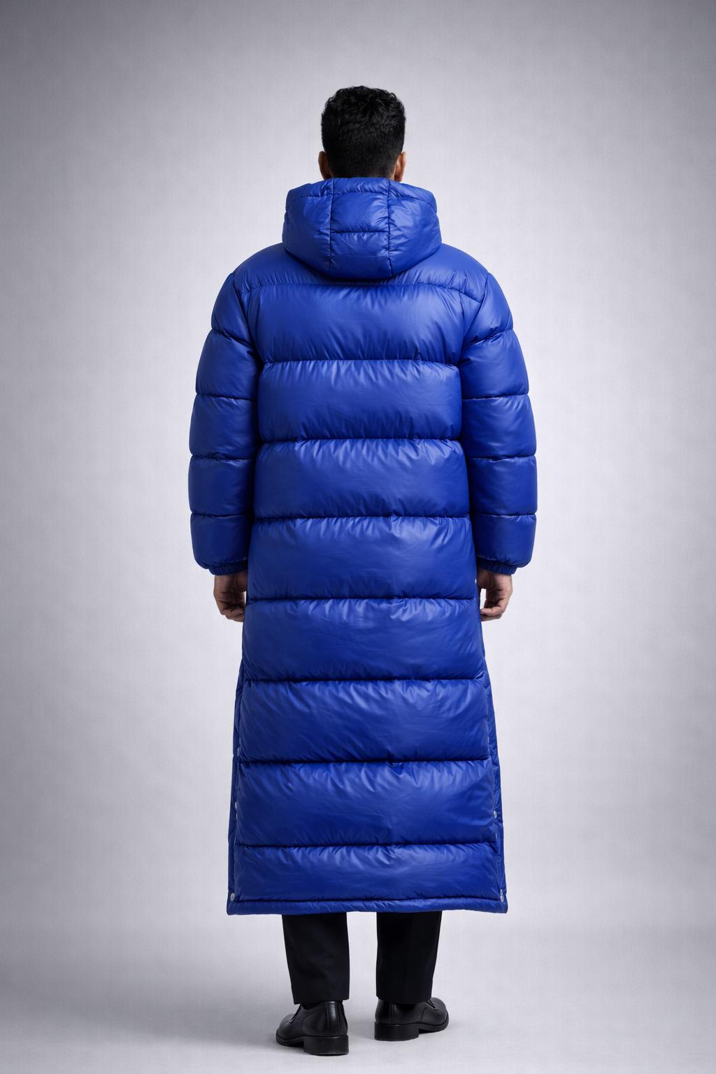 Men’s Royal Blue Long Puffer Coat Shiny Nylon