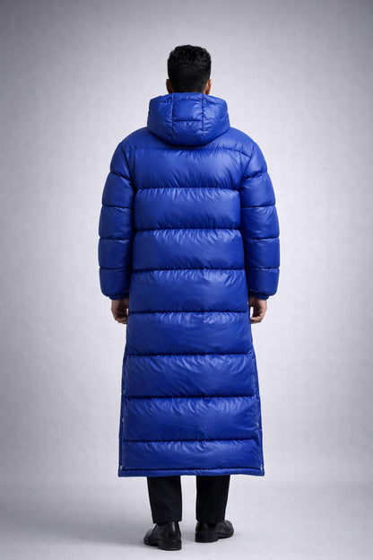 Men’s Royal Blue Long Puffer Coat Shiny Nylon