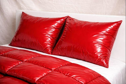 Glossy Burgundy Puffer Duvet Set Quilted Shiny Comforter with Matching Pillows