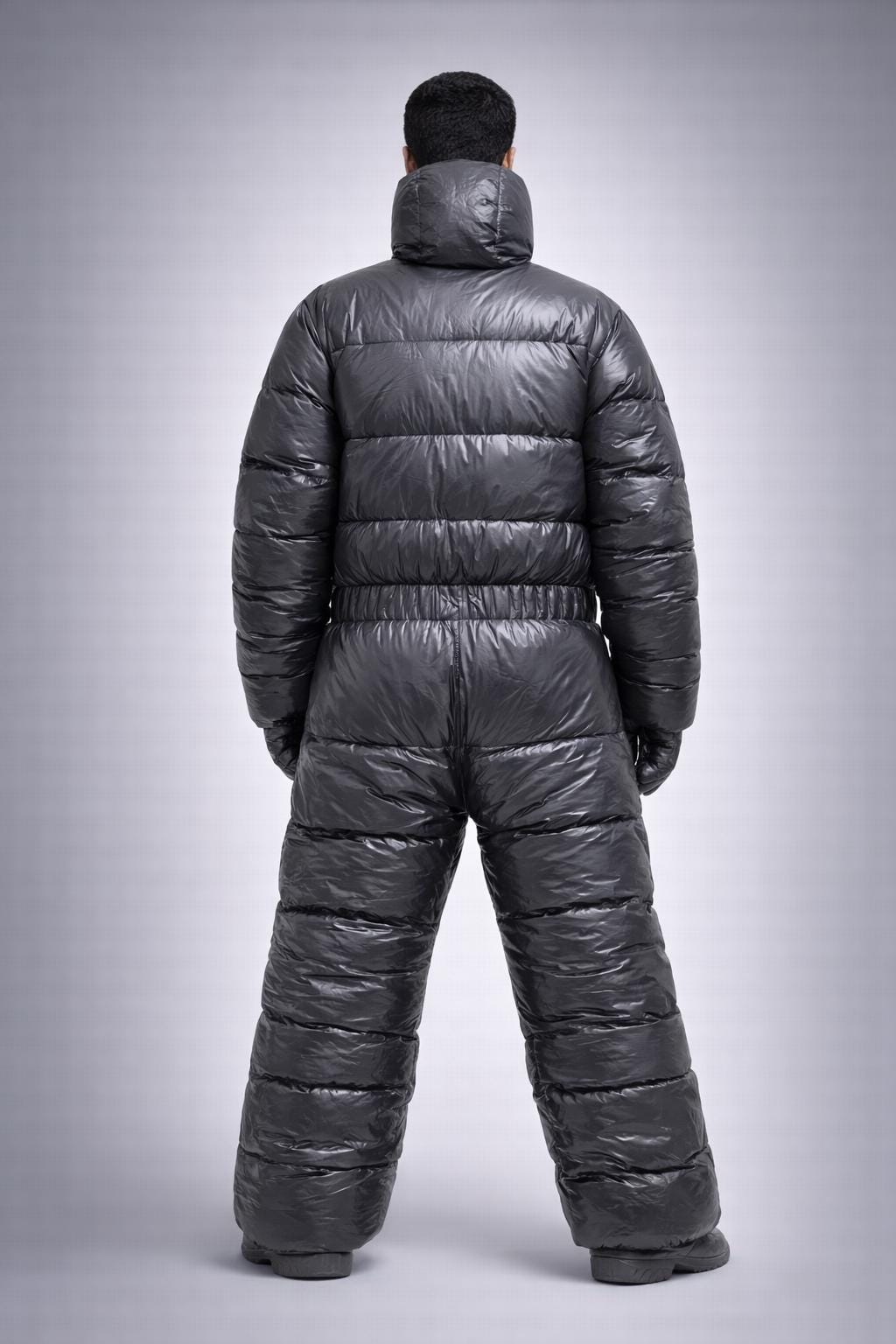 Shiny Gray Nylon Padded Jumpsuit Full Zip Hooded Snowsuit
