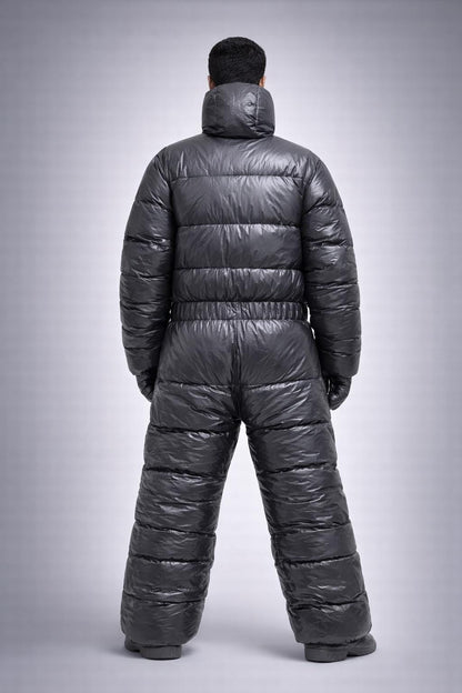Shiny Gray Nylon Padded Jumpsuit Full Zip Hooded Snowsuit