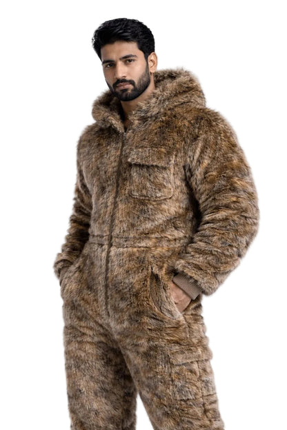Brown Faux Fur Hooded Jumpsuit Shaggy Plush One-Piece Winter Suit