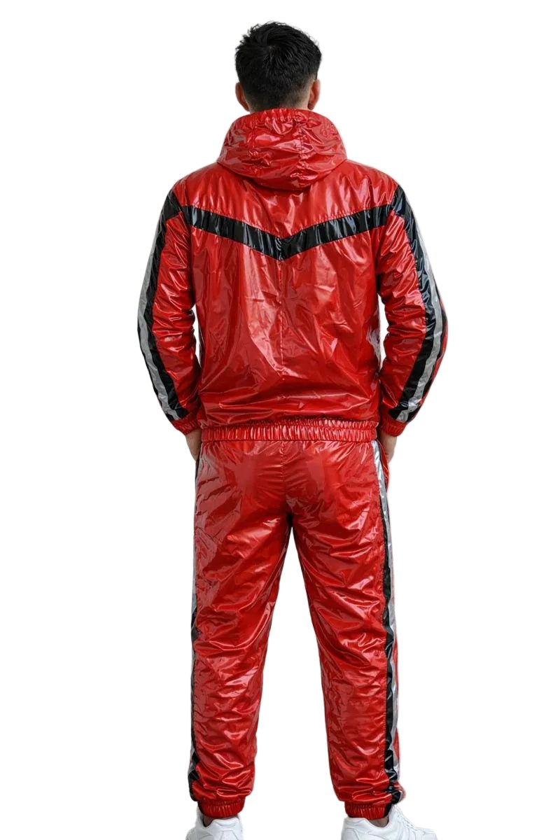 Shiny Red Nylon Track Suit with Chevron Stripe Design