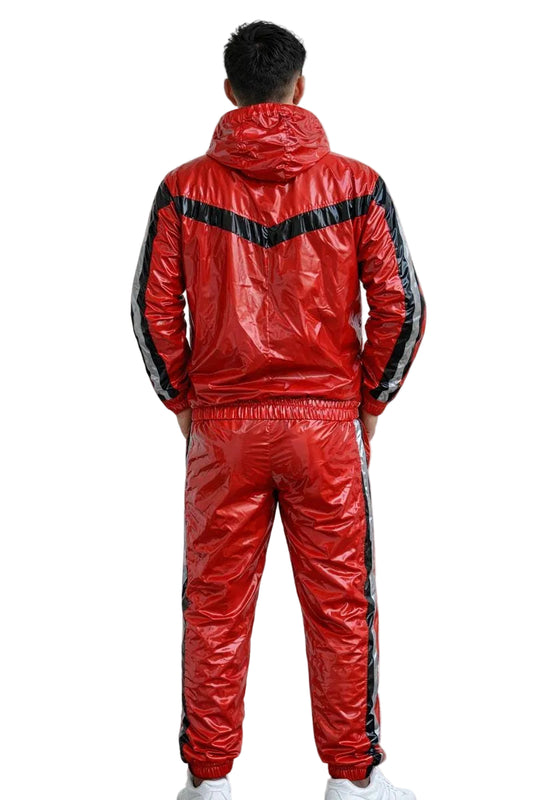 Shiny Red Nylon Track Suit with Chevron Stripe Design