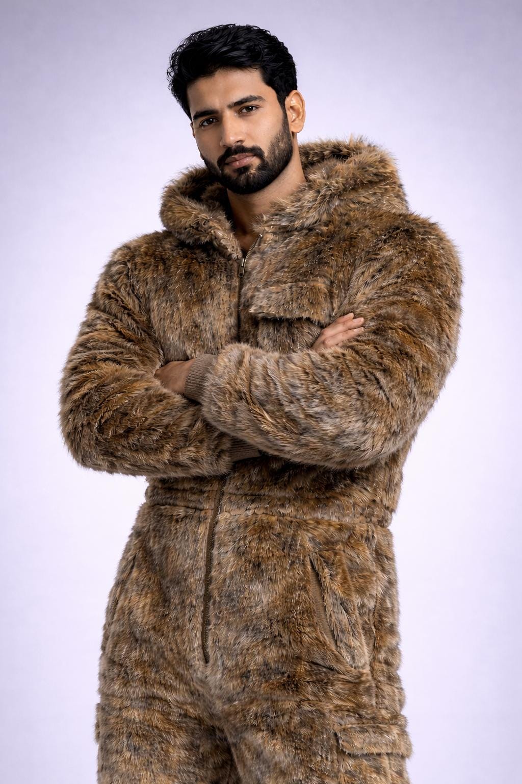 Brown Faux Fur Hooded Jumpsuit Shaggy Plush One-Piece Winter Suit