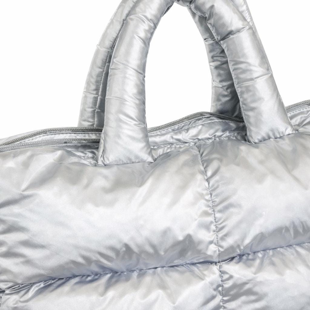 Metallic Silver Shiny Nylon Puffer Tote Bag