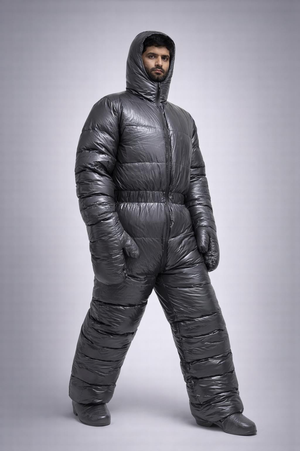 Shiny Gray Nylon Padded Jumpsuit Full Zip Hooded Snowsuit