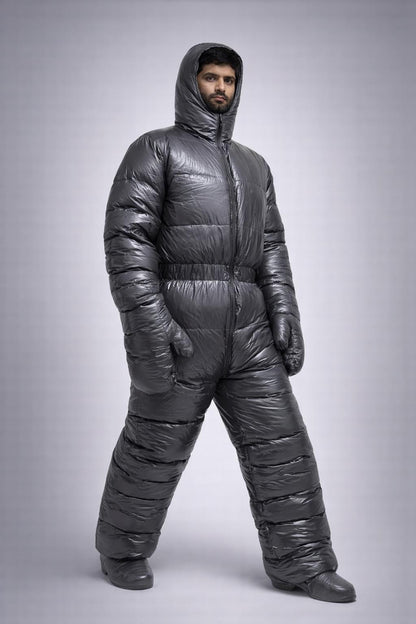Shiny Gray Nylon Padded Jumpsuit Full Zip Hooded Snowsuit