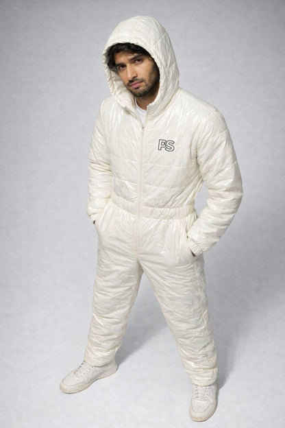 Men's Shiny Puffy Snowsuit Off White Waterproof Jumpsuit
