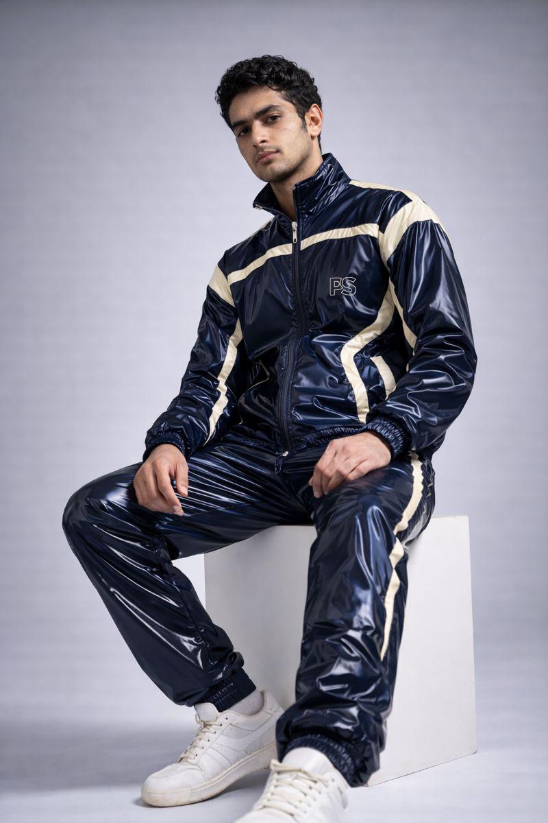 Navy Blue Shiny Nylon Tracksuit with Cream Side Panels