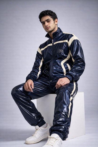 Navy Blue Shiny Nylon Tracksuit with Cream Side Panels