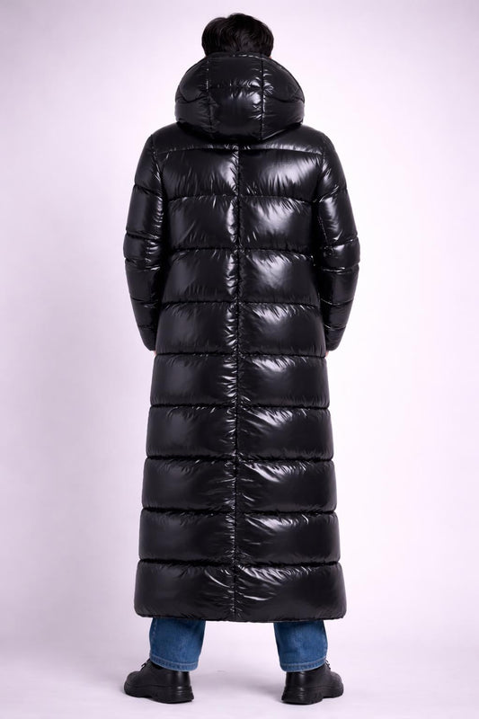 Long Black Shiny Puffer Coat Hooded Full Length