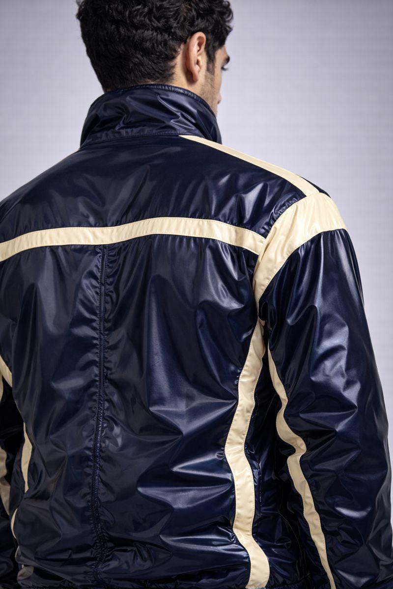 Navy Blue Shiny Nylon Tracksuit with Cream Side Panels