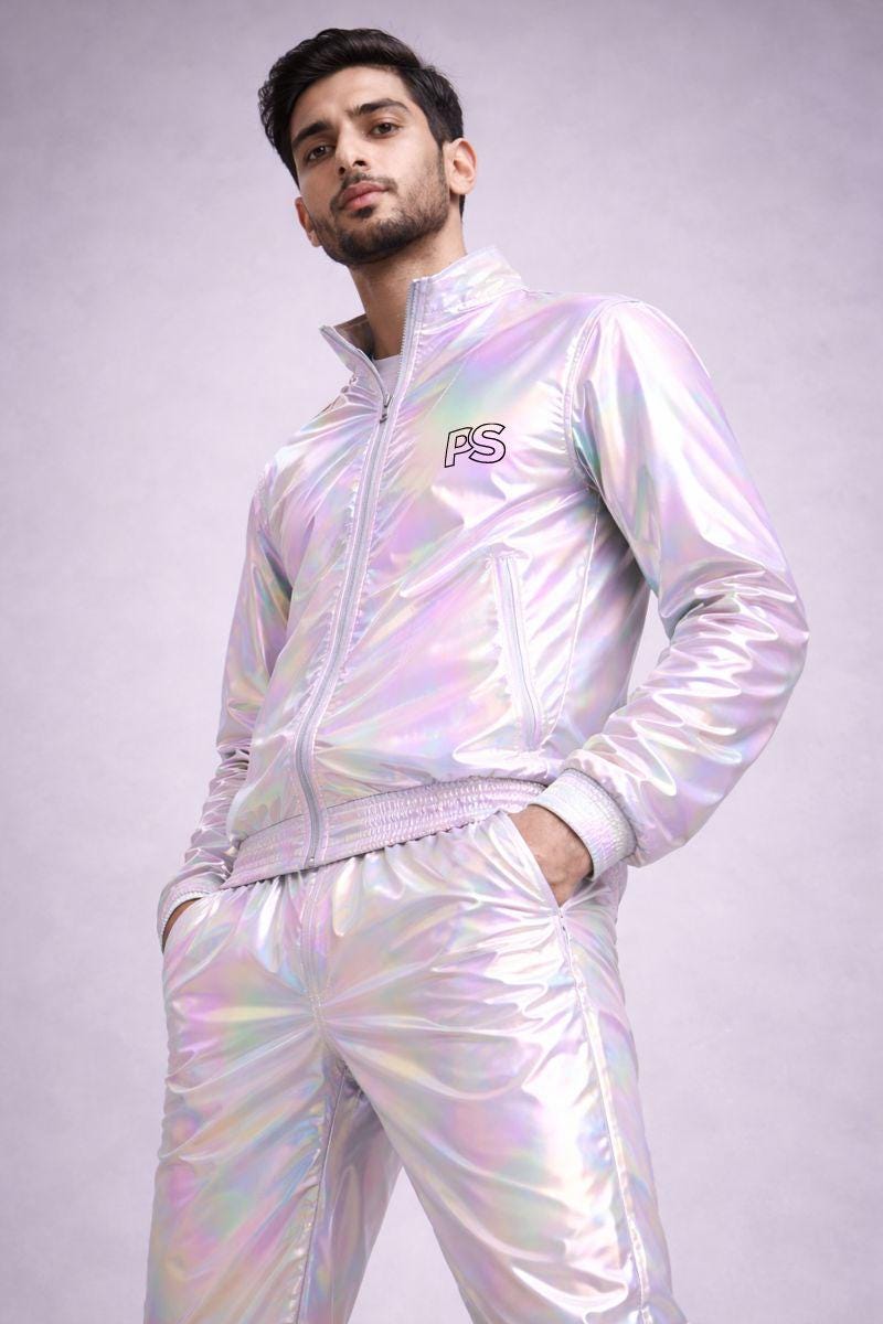 White Multicolor Shiny Nylon Track Suit with Bomber Jacket