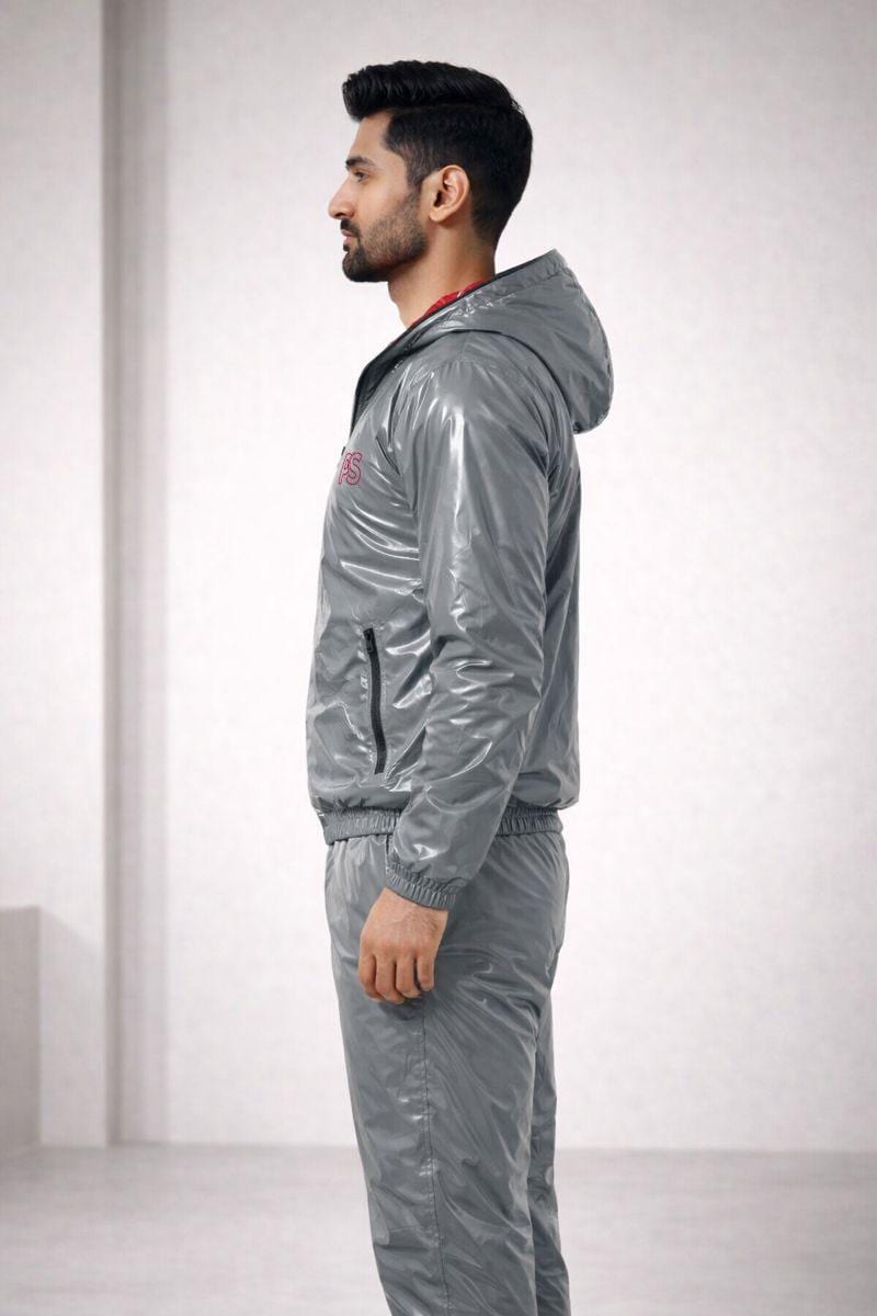 Men’s Shiny Nylon Tracksuit Silver Wet-Look Two-Piece Set