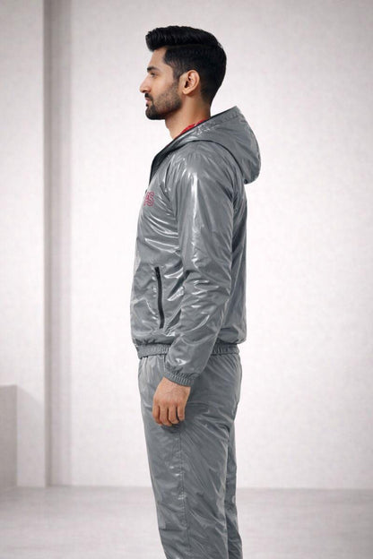 Men’s Shiny Nylon Tracksuit Silver Wet-Look Two-Piece Set