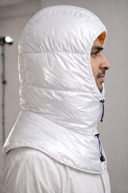 Glossy White Quilted Hood with Vibrant Orange Interior