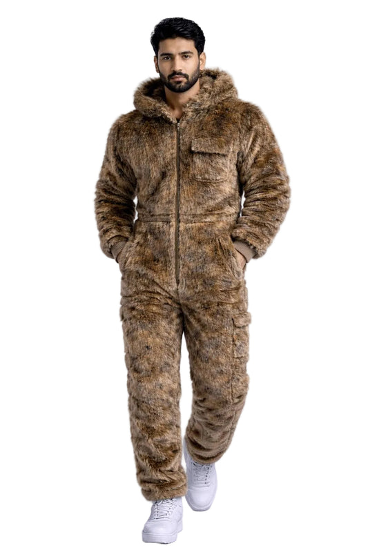 Brown Faux Fur Hooded Jumpsuit Shaggy Plush One-Piece Winter Suit