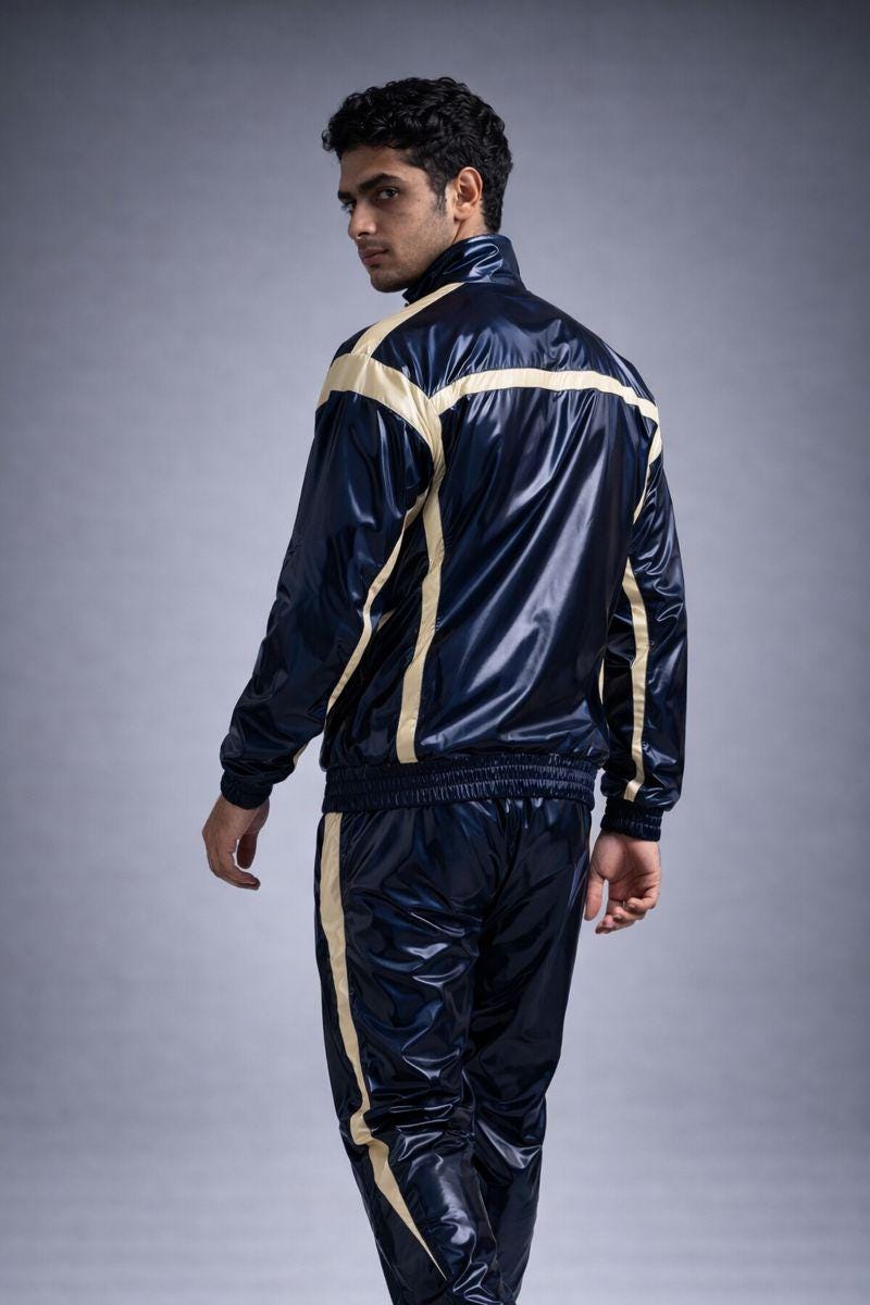 Navy Blue Shiny Nylon Tracksuit with Cream Side Panels