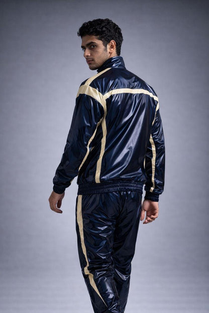Navy Blue Shiny Nylon Tracksuit with Cream Side Panels