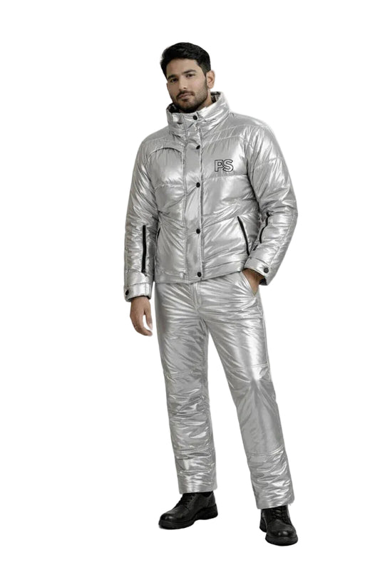 Men's Shiny Puffy Snowsuit: Off White Waterproof Jumpsuit