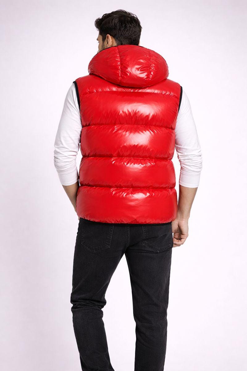 Shiny Red Sleeveless Hooded Puffer Vest