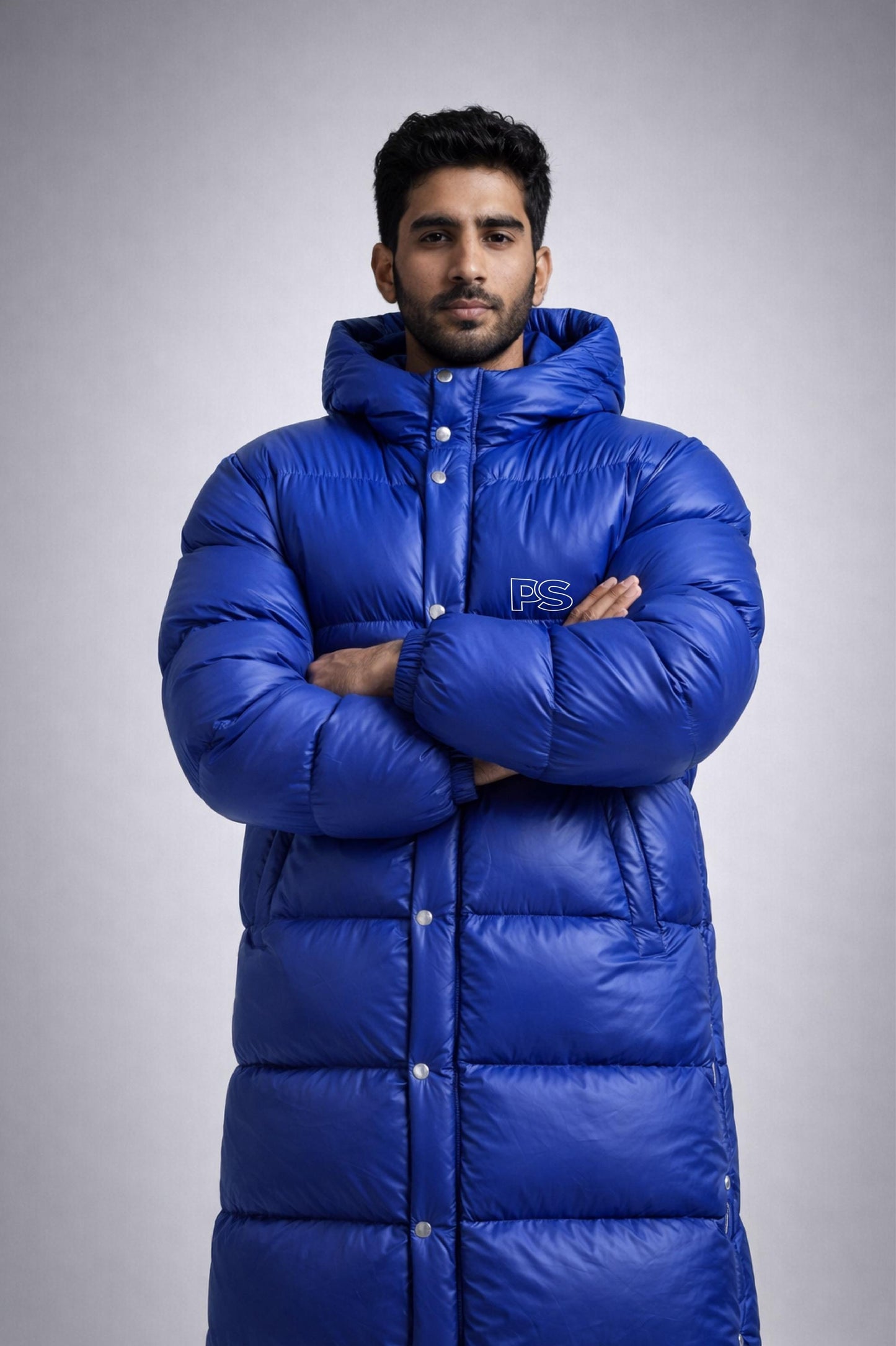 Men’s Royal Blue Long Puffer Coat Shiny Nylon