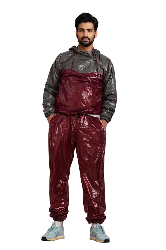 Burgundy & Charcoal Shiny Nylon Tracksuit