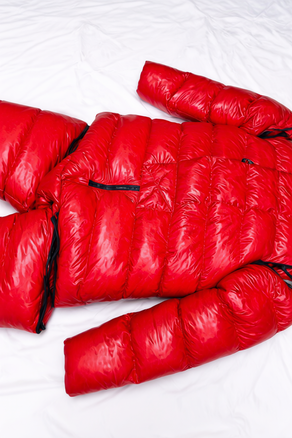 Men’s Red Shiny Nylon Puffer Suit Set  Jacket, Hood & Pants