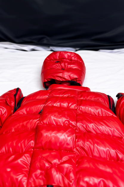 Men’s Red Shiny Nylon Puffer Suit Set  Jacket, Hood & Pants