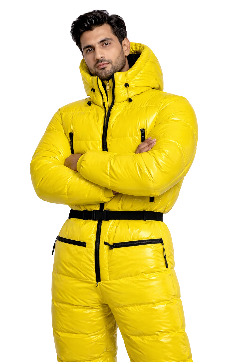 Bright Yellow Glossy Nylon Puffer Snowsuit  Insulated Winter Jumpsuit