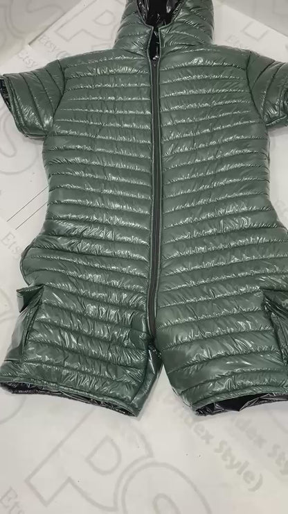 Dark Green Shiny Puffer Romper Glossy Short Sleeve Hooded  Cargo Pockets